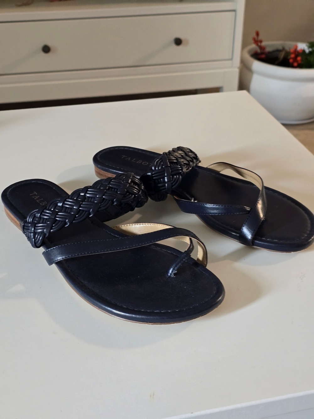 Talbots Navy Braided Leather Toe-Loop Sandals